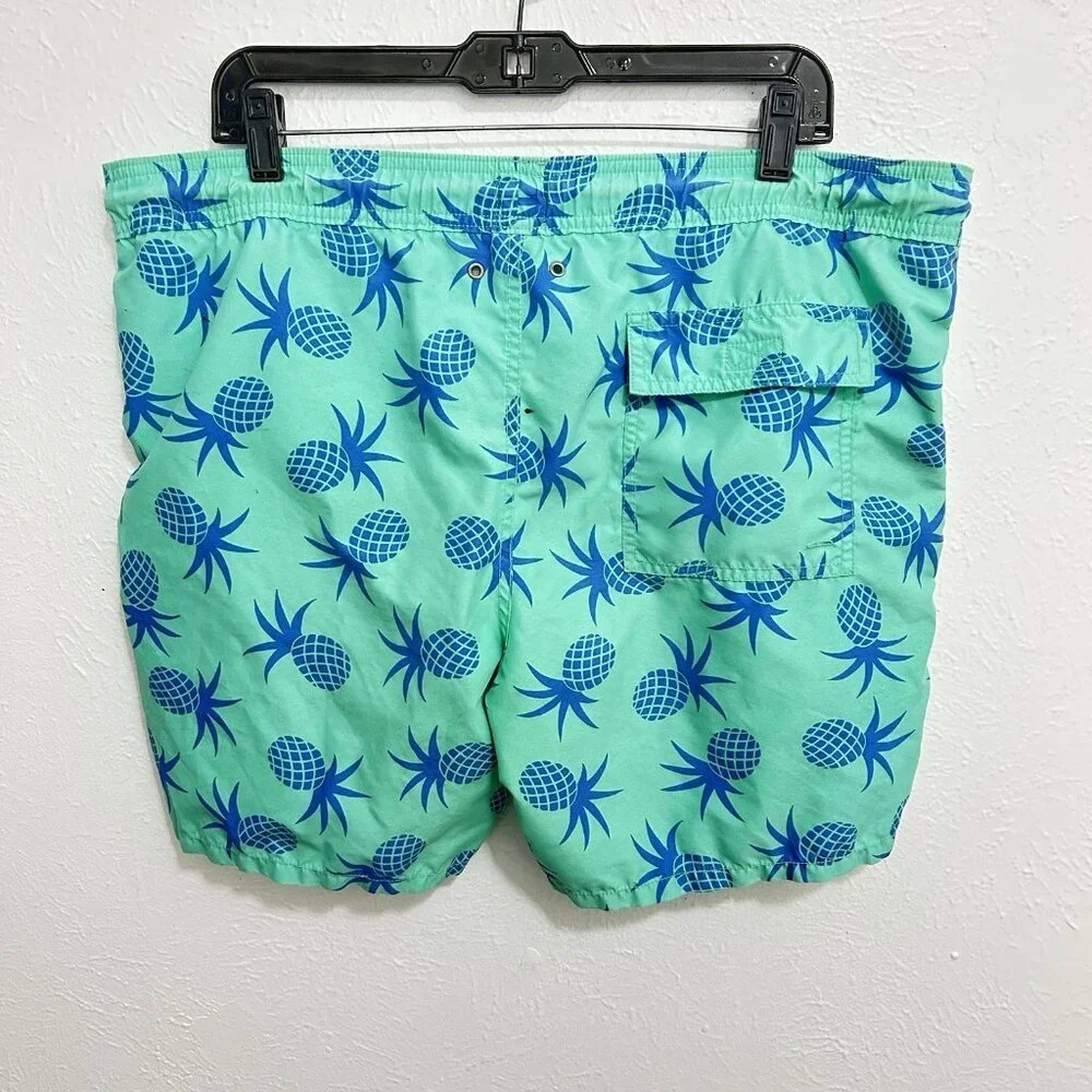Tom Teddy Swim Trunks Green Blue Pineapple Print Liner Pockets‎ Stretch Summer M